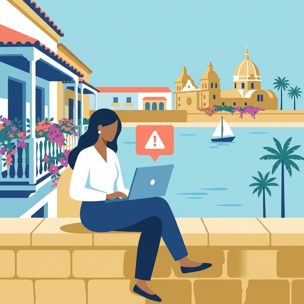 Ilustración de una profesional sentada en la muralla de Cartagena revisando una alerta de seguridad en su portátil, con las cúpulas de la ciudad amurallada y el mar Caribe de fondo