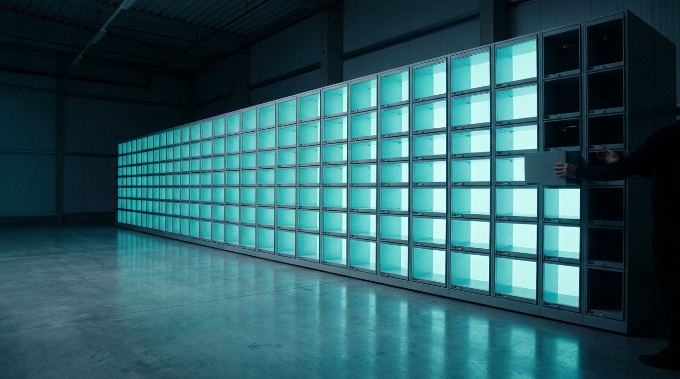 Una larga pared de celdas modulares en penumbra; casi todas brillan con luz turquesa y solo la última columna sigue apagada, mientras unas manos encajan el módulo que falta, como metáfora de una implementación que muestra su propio estado de un vistazo