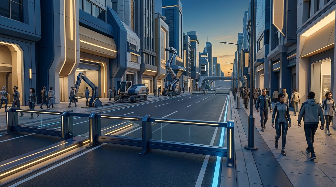 Obras en una avenida donde las vallas desvían el tráfico de los carriles centrales mientras la acera lateral permanece abierta y transitada con normalidad