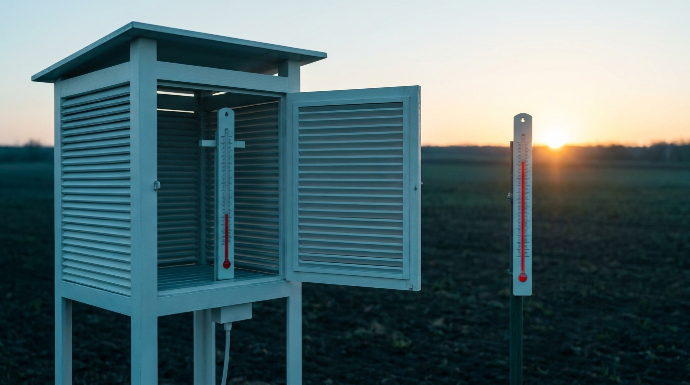 Dos termómetros idénticos de columna de líquido al amanecer en un campo, uno resguardado dentro de una casilla meteorológica de listones y el otro a la intemperie bajo el sol, con la columna a alturas distintas.