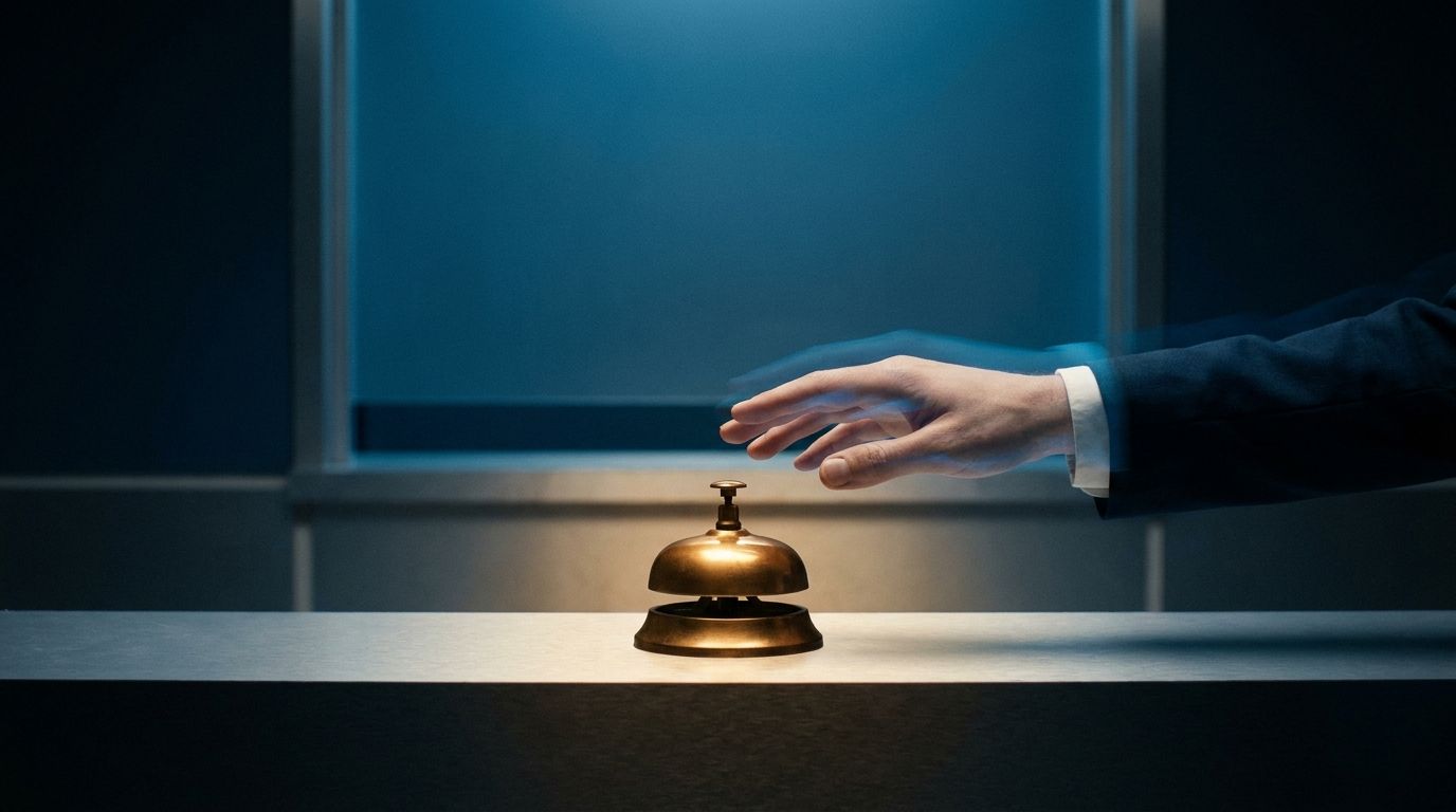 Una mano que se retira sobre un mostrador de atención vacío y en penumbra, con una campanilla de bronce recién tocada en el centro y la ventanilla del fondo cerrada, sin nadie atendiendo del otro lado