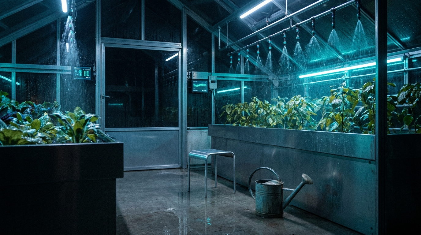 Invernadero de noche con las líneas de riego funcionando solas sobre las plantas, y en el piso un taburete vacío y una regadera de metal apoyada.