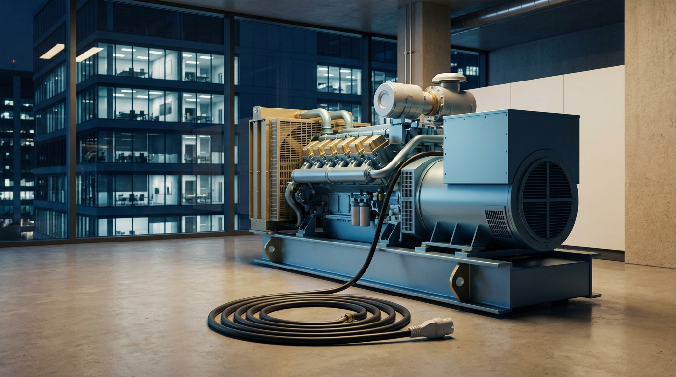 Generador industrial de respaldo en marcha en la sala de máquinas de un edificio de oficinas, con su cable de carga enrollado y desconectado sobre el piso, mientras las oficinas del fondo siguen iluminadas por la línea eléctrica principal