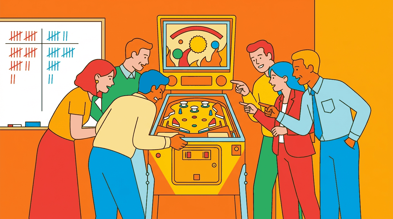Ilustración de una máquina de pinball en la sala de descanso de una oficina, con una persona jugando y seis compañeros de trabajo inclinados alrededor para mirar y comentar, mientras una pizarra al costado lleva dos columnas de marcas de conteo, una roja y una celeste
