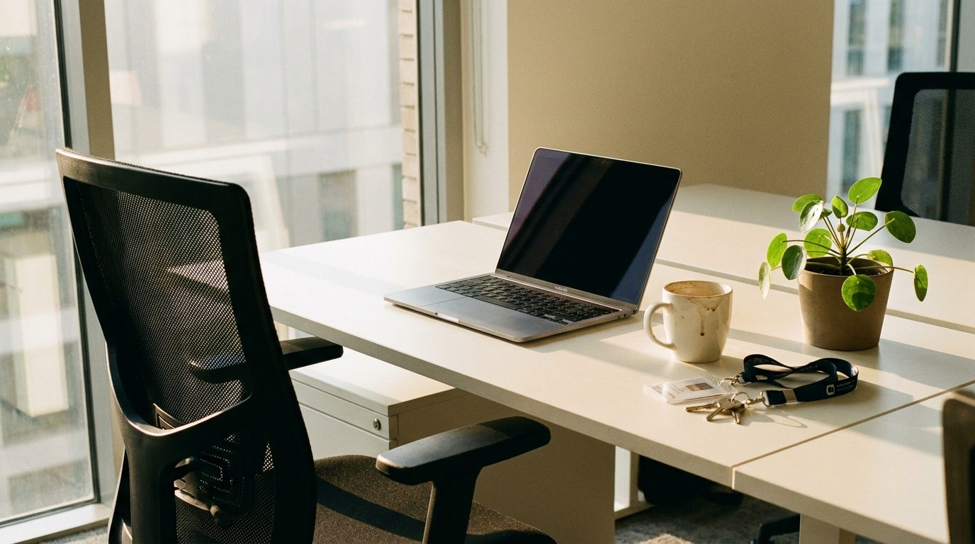Fotografía del mismo escritorio unas semanas más tarde, ya habitado: el portátil abierto con la pantalla apagada, una taza usada, una planta pequeña en maceta y las llaves con la acreditación apoyadas sobre la mesa