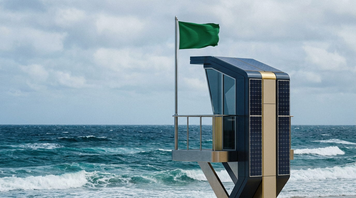 Una bandiera verde che sventola da sola sull'asta di una torretta di salvataggio vuota, davanti a un mare mosso e con corrente, senza nessuno che guardi l'acqua