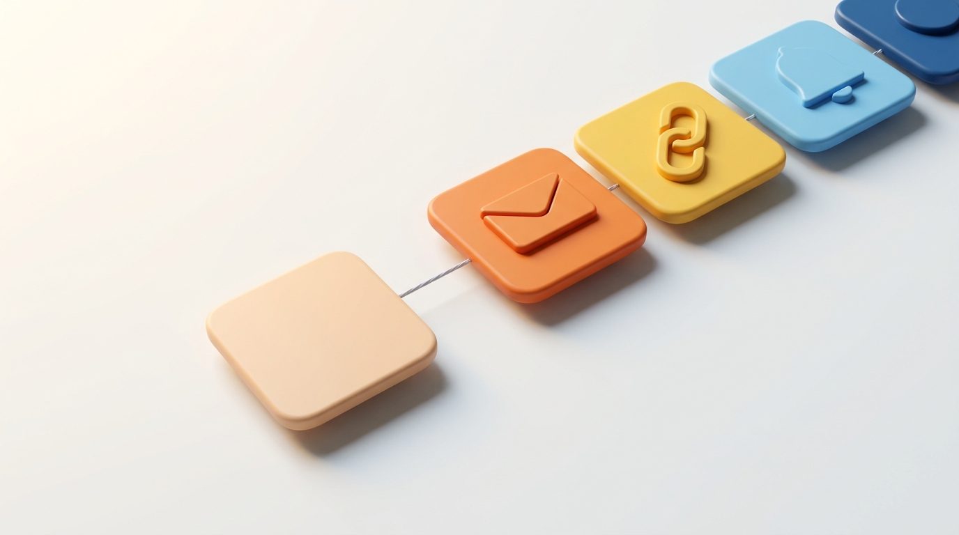 Ilustración 3D de la misma secuencia de tarjetas vista de cerca: la tarjeta vacía abre la fila y las tres siguientes, en naranja, amarillo y azul, muestran el sobre, el eslabón y la campana