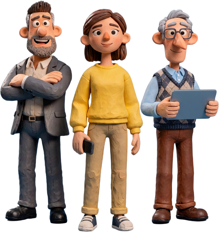 Three illustrated characters in a clay style: a man in a suit with his arms crossed, a woman holding a phone and an older man holding a tablet