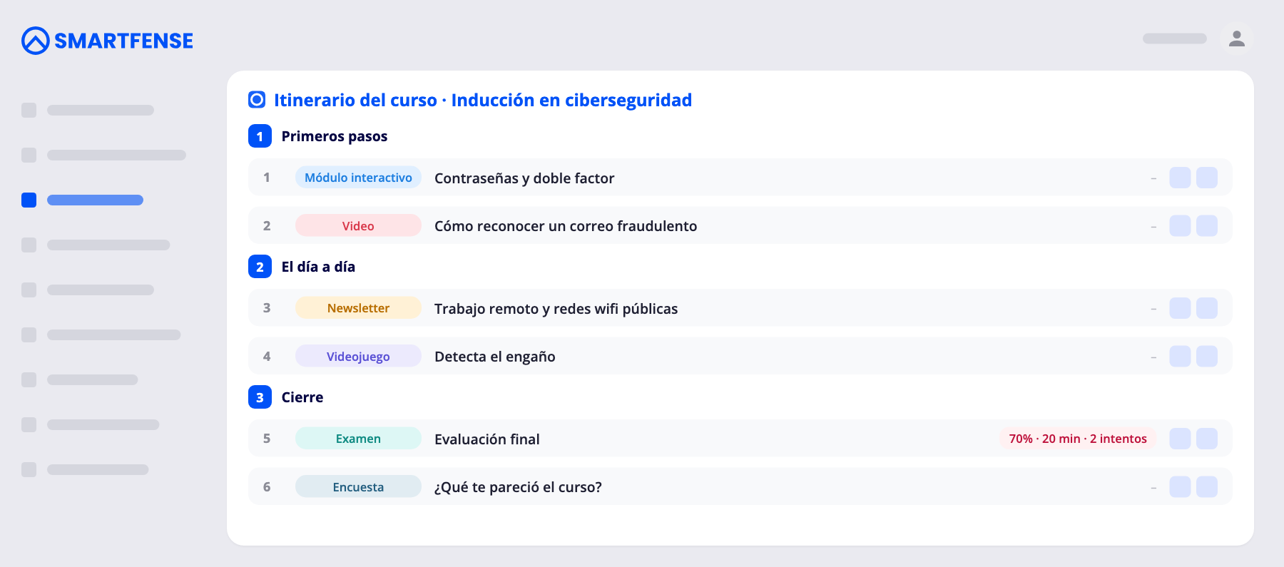 Itinerario de un curso en SMARTFENSE, con tres secciones y los contenidos de cada una en orden