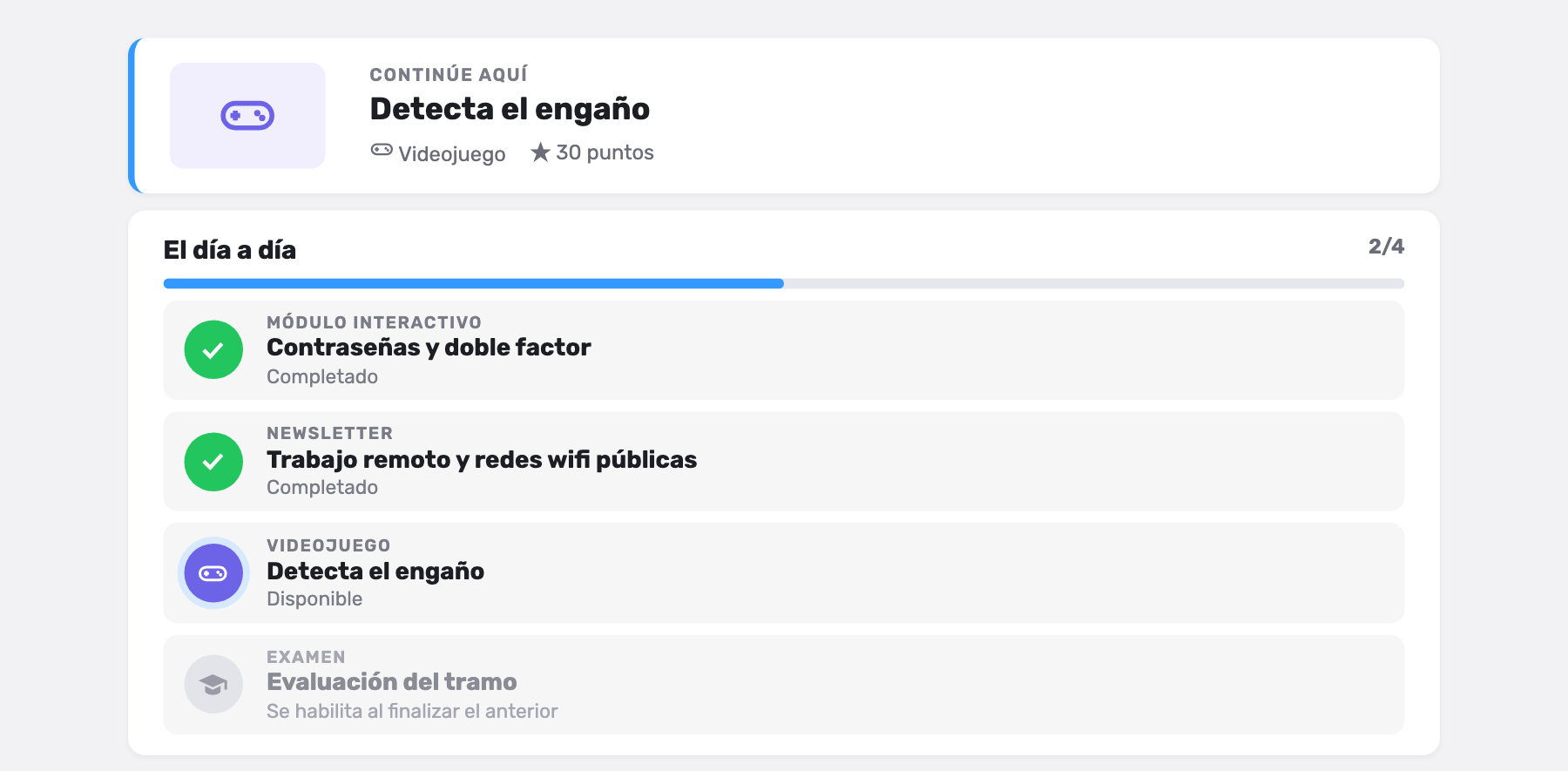 Pasos de un curso en SMARTFENSE, con el contenido para continuar, dos pasos completados, uno disponible y uno bloqueado