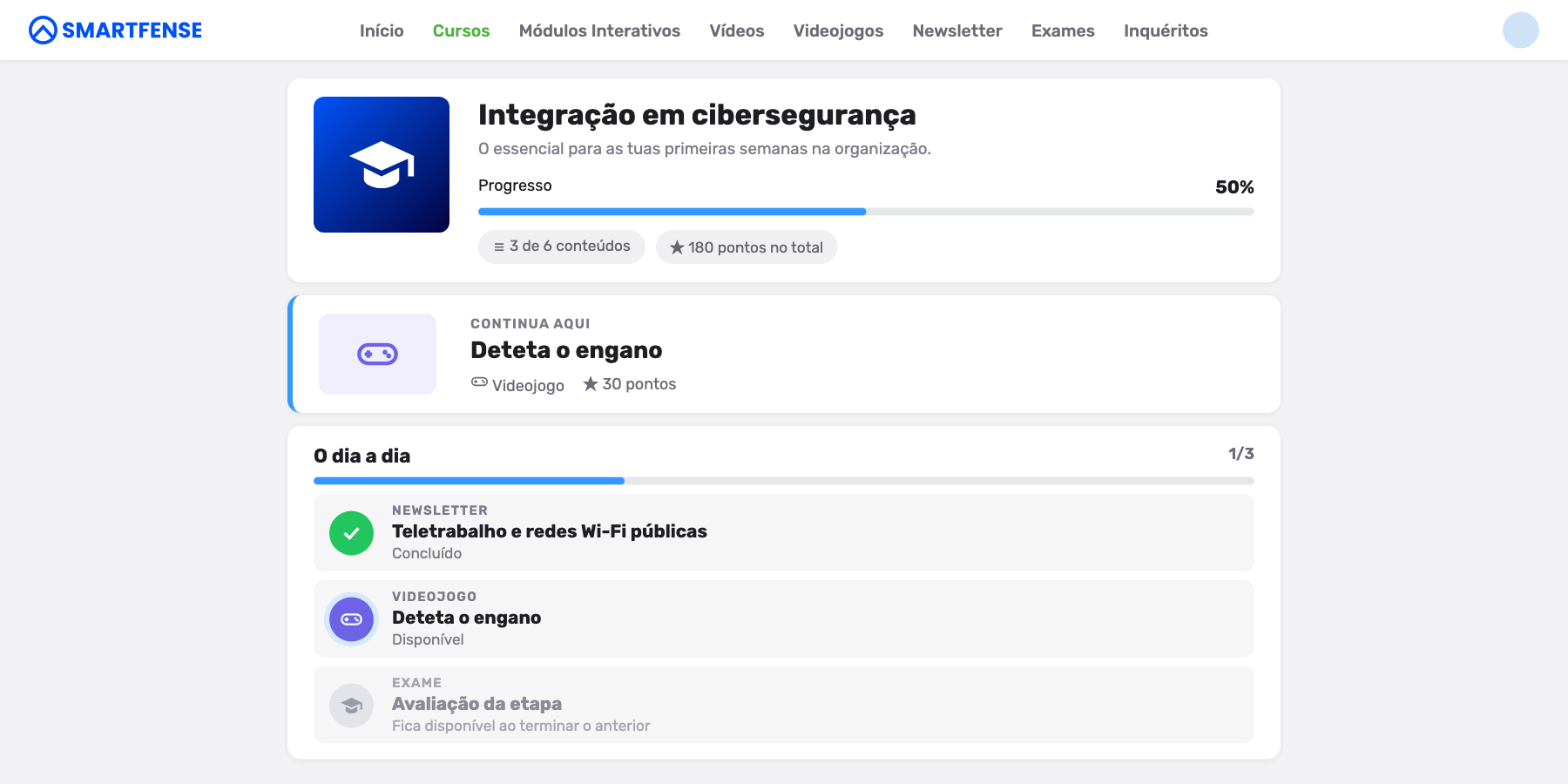 Vista de uma pessoa dentro de um curso da SMARTFENSE, com o seu progresso, o passo em que continua e o seguinte ainda bloqueado
