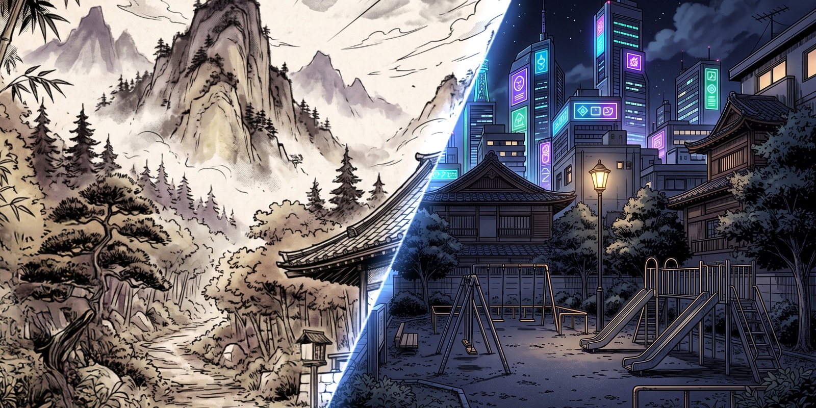 Ilustración partida en diagonal por una grieta luminosa. A la izquierda, Kanazawa feudal en acuarela sepia: un templo de madera entre montañas y bosque. A la derecha, la misma ciudad de noche, con rascacielos de neón al fondo y un templo tradicional entre los edificios.