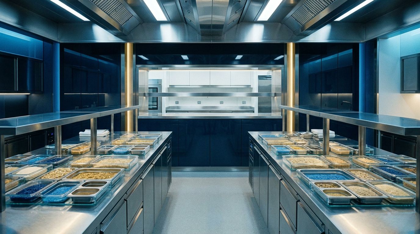 Cocina profesional preparada minutos antes del servicio, con las bandejas de ingredientes alineadas sobre la mesa de acero y el pase vacío al fondo, sin nadie cocinando todavía