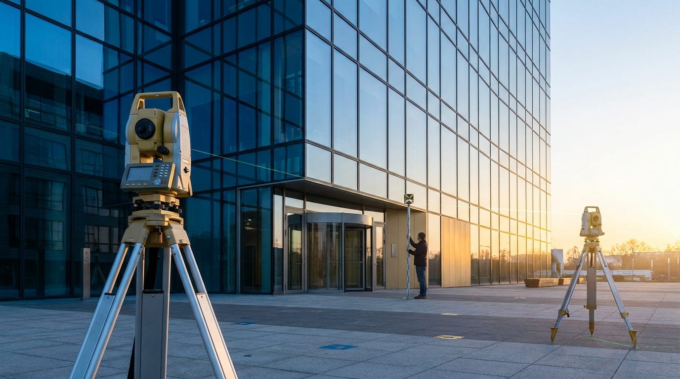 Dos estaciones totales de topografía sobre trípodes miden al amanecer la fachada de vidrio de un edificio de oficinas desde puntos distintos, mientras un operario sostiene una mira junto a la entrada, como metáfora de un programa medible y verificable
