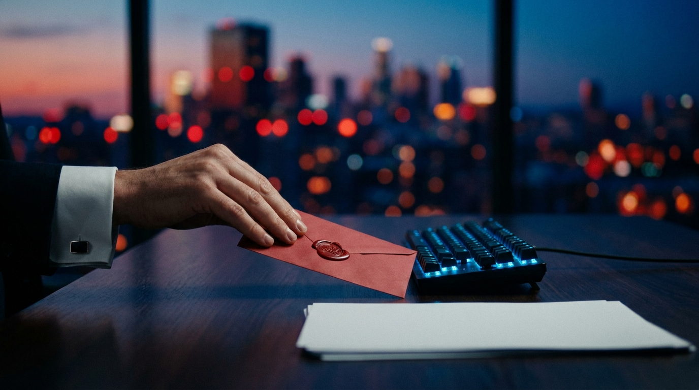 Una mano con puño de camisa y gemelos desliza un sobre rojo sellado con lacre sobre un escritorio de oficina al anochecer, junto a un teclado y una pila de hojas, con las luces de la ciudad desenfocadas detrás