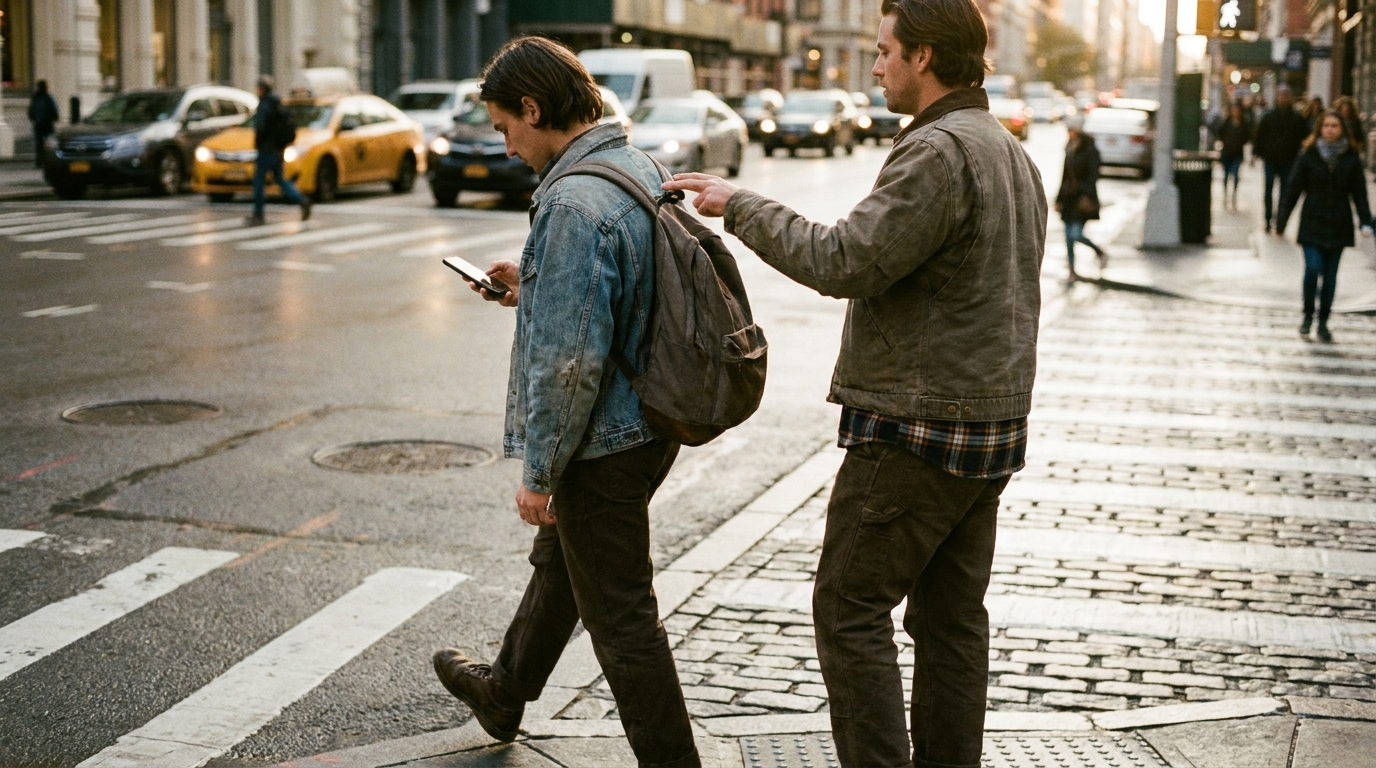 Fotografía de dos personas de espaldas en un cruce peatonal de ciudad: una camina mirando el celular y la otra le apoya los dedos en el hombro para frenarla un segundo