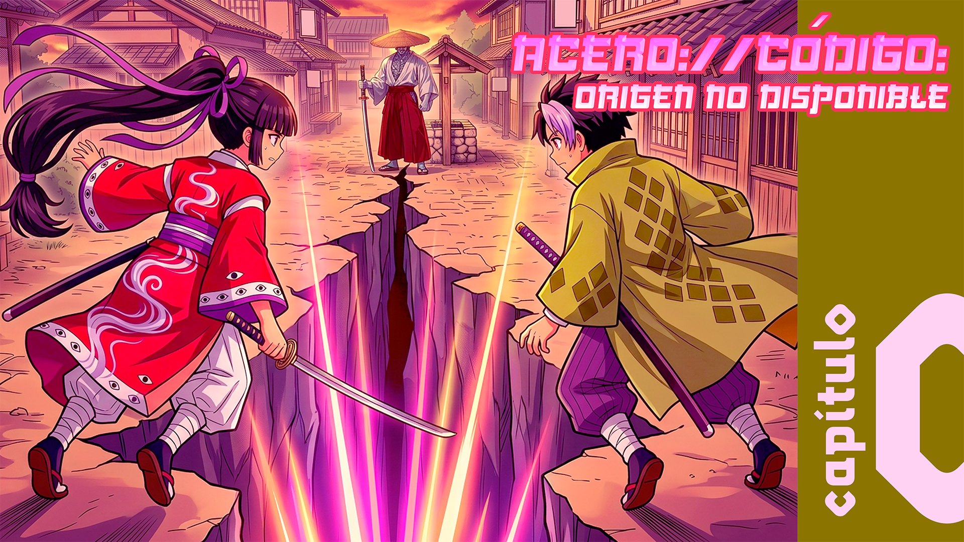 Portada del capítulo 0 de ACERO://CÓDIGO, con dos guerreros de espaldas a ambos lados de una grieta luminosa que parte una calle de Kanazawa feudal