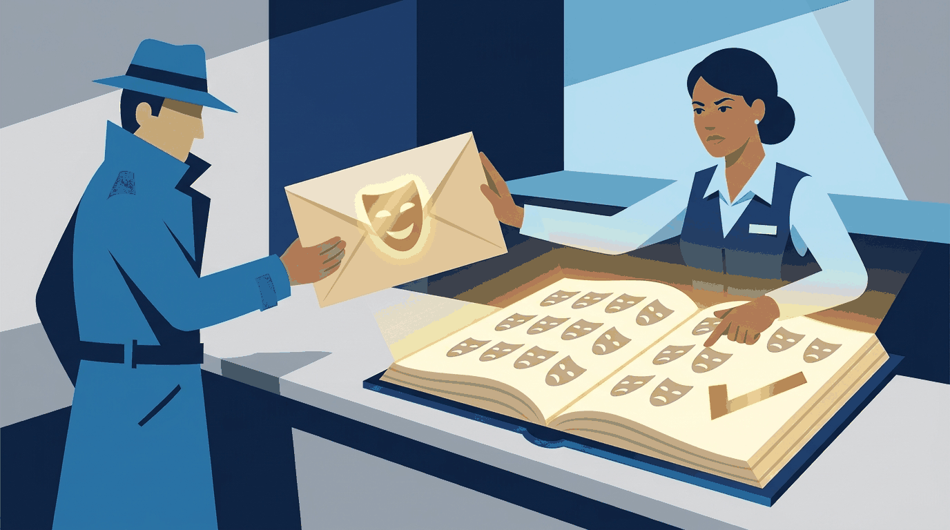 Ilustración plana de una persona en un mostrador de correos entregando un sobre con un remitente que no le pertenece, mientras el empleado detiene el envío y compara el nombre con un registro abierto sobre el mostrador