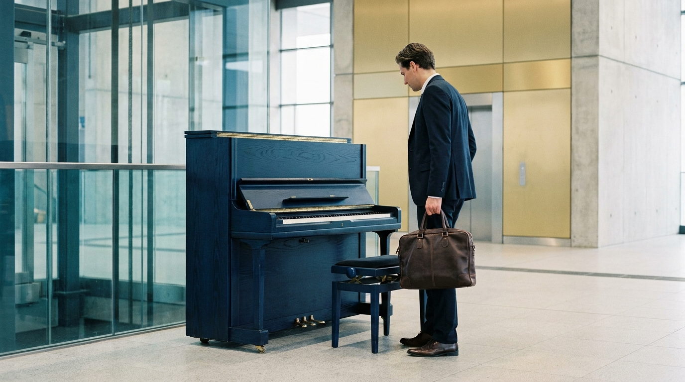 Una persona de traje de pie junto a un piano público abierto en el hall de una estación, con la banqueta corrida hacia afuera y el bolso todavía en la mano, mirando el teclado sin sentarse