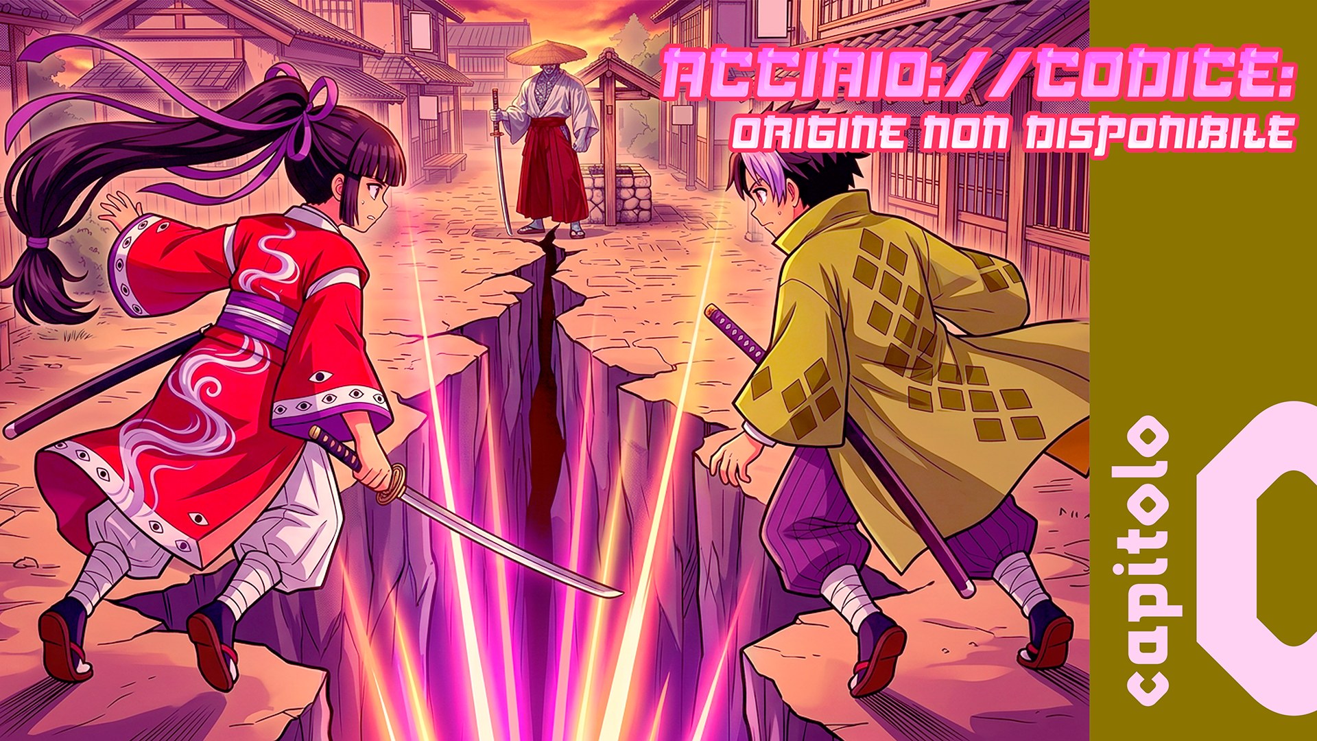 Copertina del capitolo 0 di ACCIAIO://CODICE, con due guerrieri di spalle ai due lati di una crepa luminosa che spacca una via della Kanazawa feudale