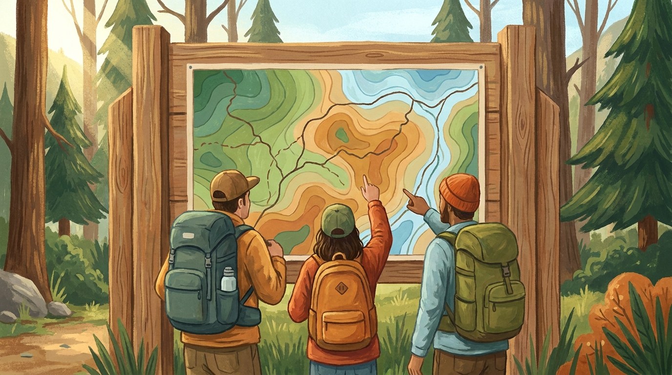 Ilustración de tres excursionistas de espaldas con mochilas frente al panel de madera con el mapa de un parque nacional, señalando senderos distintos que atraviesan las mismas zonas del mapa