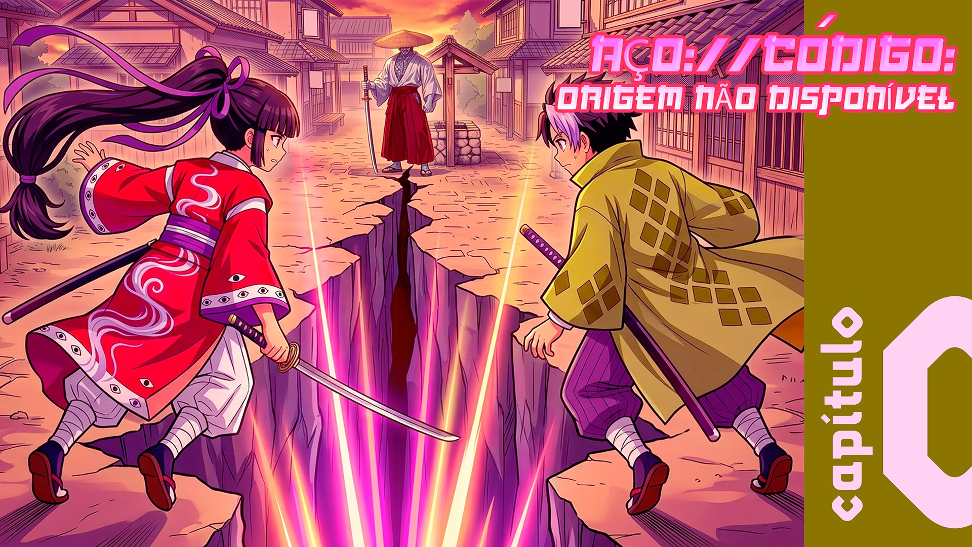 Capa do capítulo 0 de AÇO://CÓDIGO, com dois guerreiros de costas de cada lado de uma fenda luminosa que parte uma rua da Kanazawa feudal