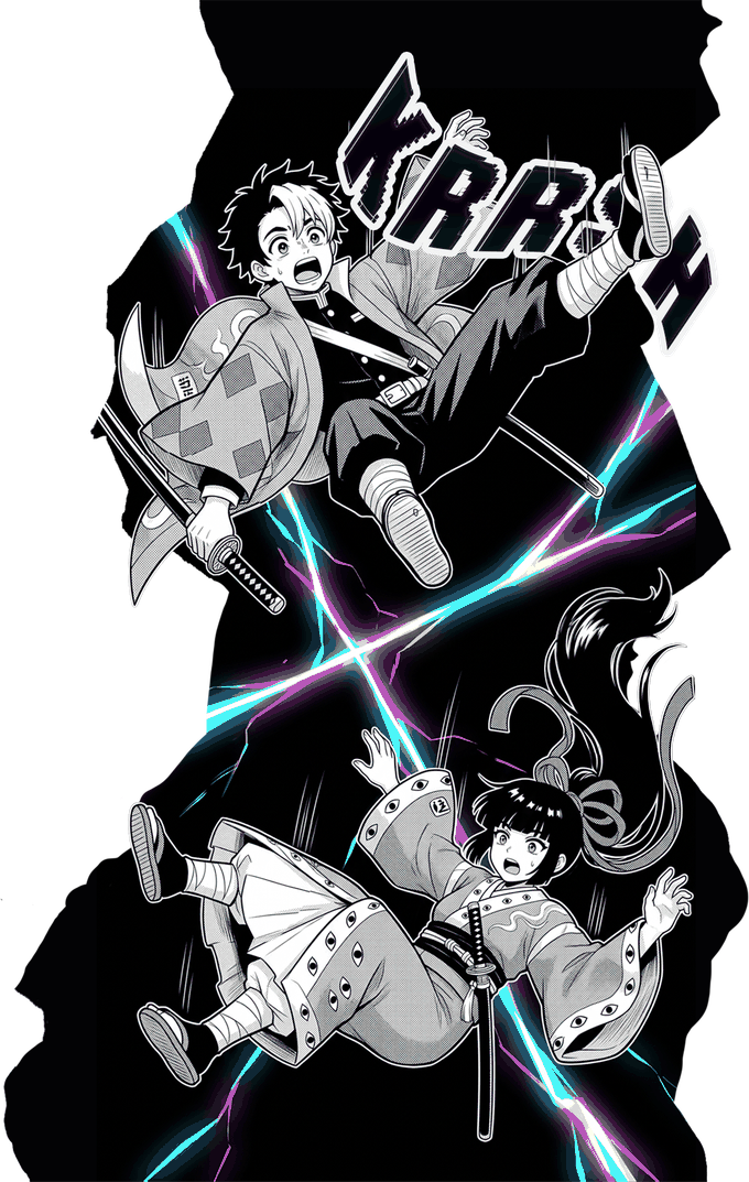 Kaoru y Tatsuo caen a través de una grieta de luz neón que conecta la Era del Acero con la Era del Código