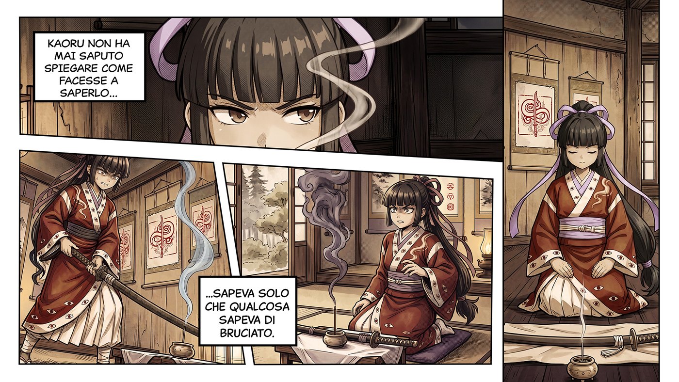 Pagina intera del manga: quattro vignette in cui Kaoru percepisce che qualcosa non va mentre brucia un incenso