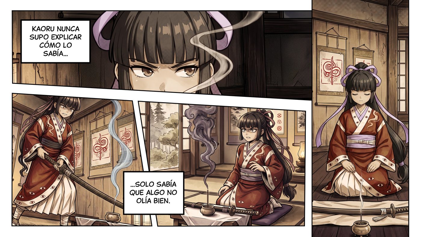 Página completa del manga: cuatro viñetas donde Kaoru percibe que algo no va bien mientras arde un incienso
