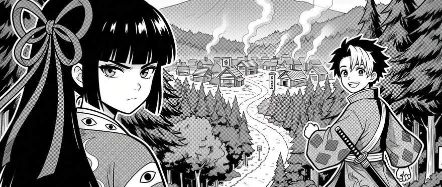 Kaoru y Tatsuo a la entrada de una aldea de montaña, dibujados a tinta con trama de semitonos