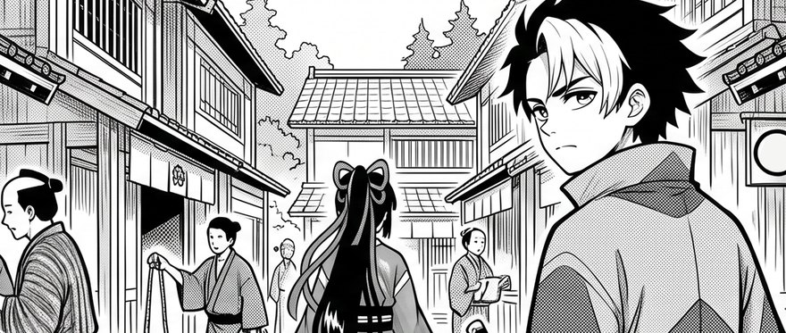 Una calle del Japón feudal con gente de época y, entre ellos, un joven de la Era del Código