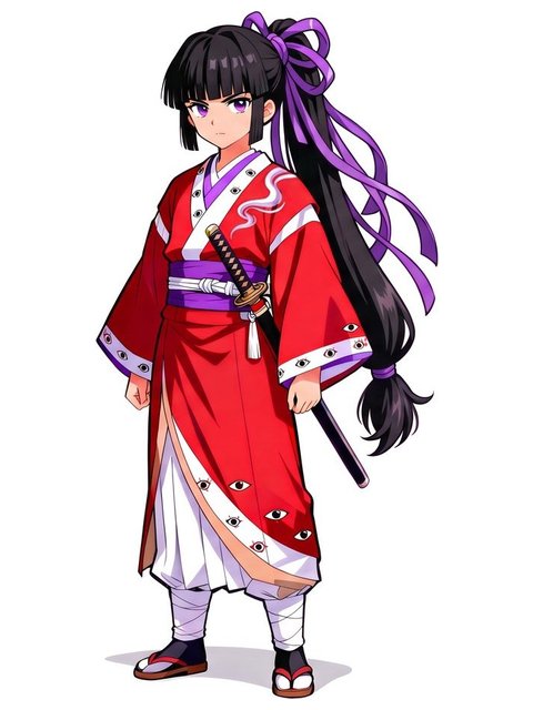 Kaoru, con kimono rojo y katana, cabello negro largo con cintas violetas