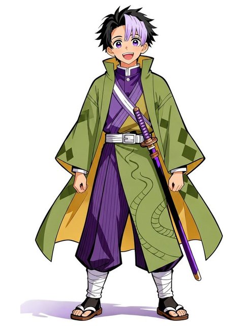 Tatsuo, con haori verde y katana al hombro, cabello negro con mechón violeta