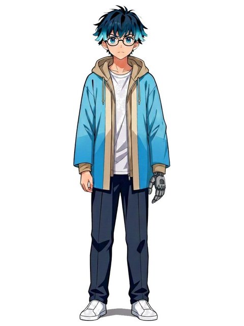 Yuma, con parka celeste, gafas y una prótesis en la mano derecha