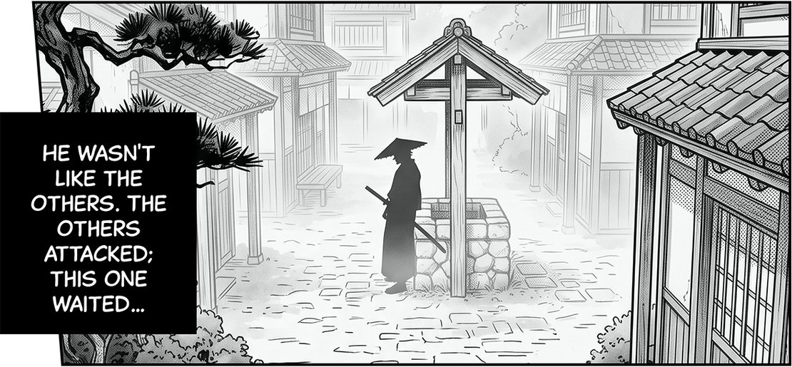Panel from chapter 0: a samurai in a straw hat waits by a well on a street in feudal Kanazawa