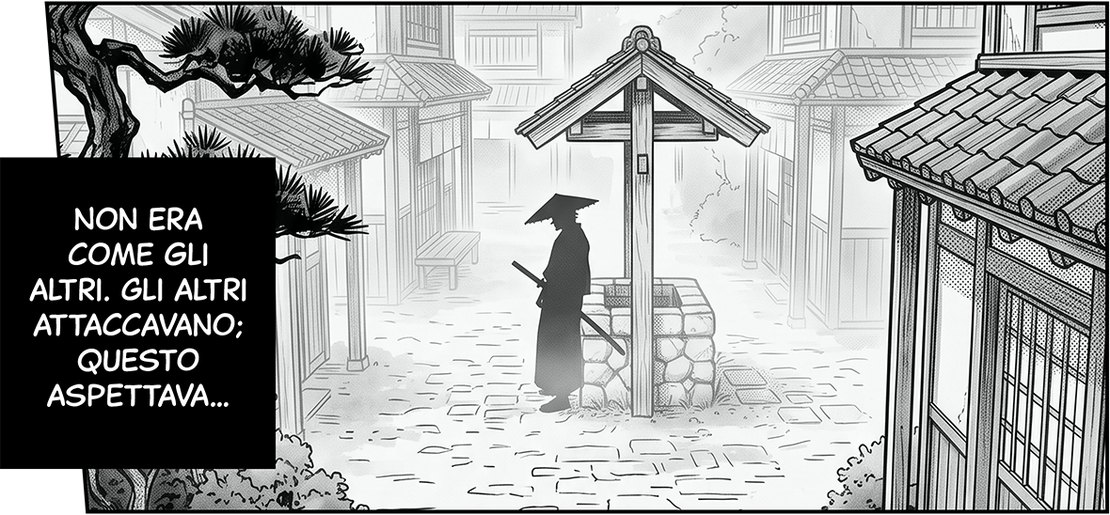 Vignetta del capitolo 0: un samurai con cappello di paglia aspetta accanto a un pozzo in una via della Kanazawa feudale