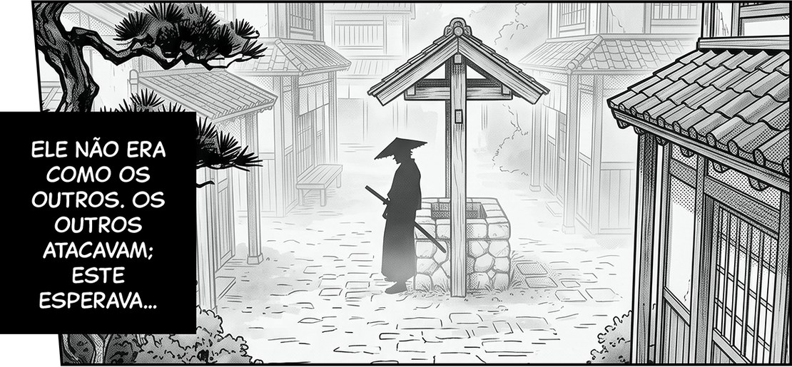 Vinheta do capítulo 0: um samurai de chapéu de palha espera junto a um poço numa rua da Kanazawa feudal