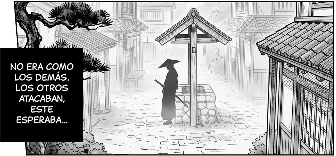 Viñeta del capítulo 0: un samurái con sombrero de paja espera junto a un pozo en una calle de Kanazawa feudal