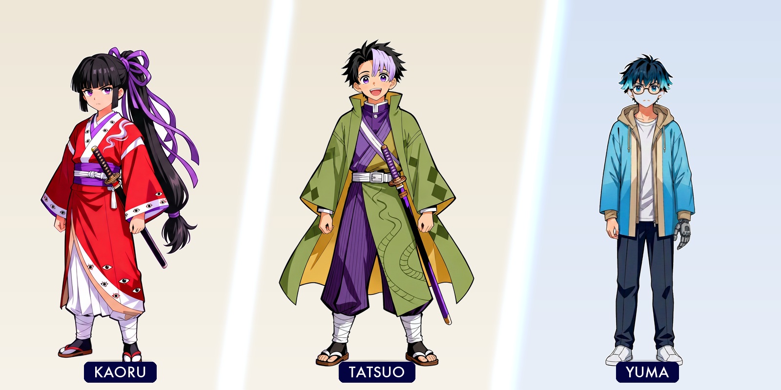 Los tres protagonistas de ACERO://CÓDIGO de cuerpo entero, separados por dos franjas de luz diagonales. Kaoru, con kimono rojo y katana, y Tatsuo, con haori verde y katana, sobre el fondo crema de la Era del Acero. Yuma, con chaqueta celeste, gafas y una prótesis en la mano, sobre el fondo azul claro de la Era del Código.