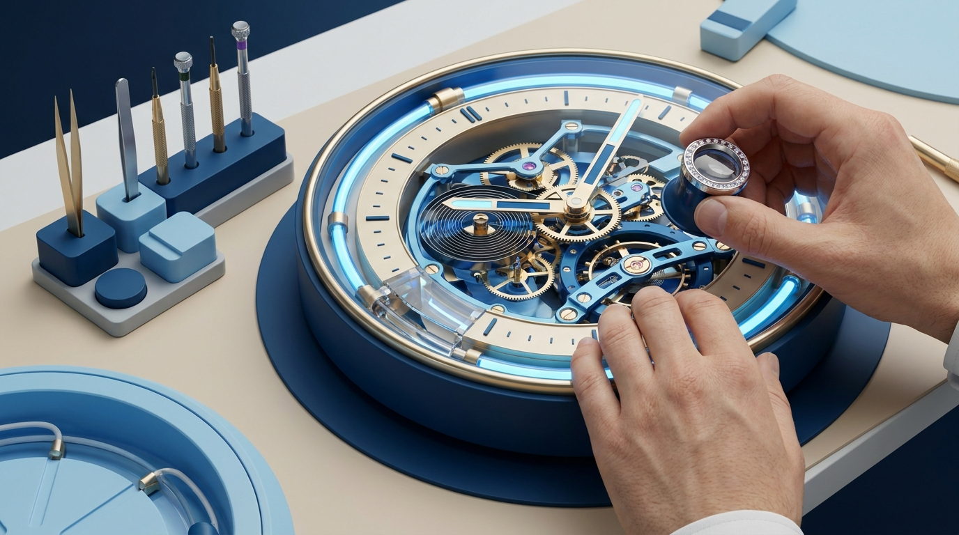 A watchmaker's hands inspect the open mechanism of a clock with a loupe on the workbench, with tools neatly arranged to one side