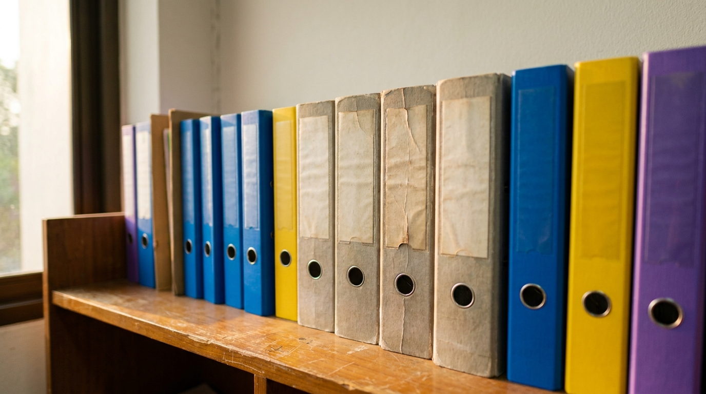 Fotografía de una repisa con biblioratos de colores vivos y, entre ellos, cuatro con el lomo descolorido por el sol, iluminados por la luz cálida de una ventana