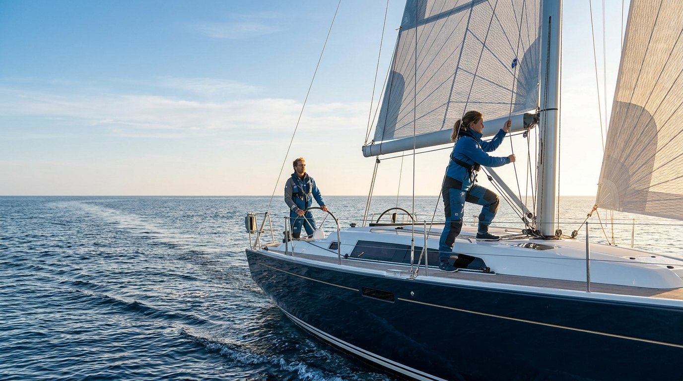 Fotografía de un velero en mar abierto: una persona lleva el timón mientras otra ajusta la vela, y detrás la estela marca el recorrido ya navegado