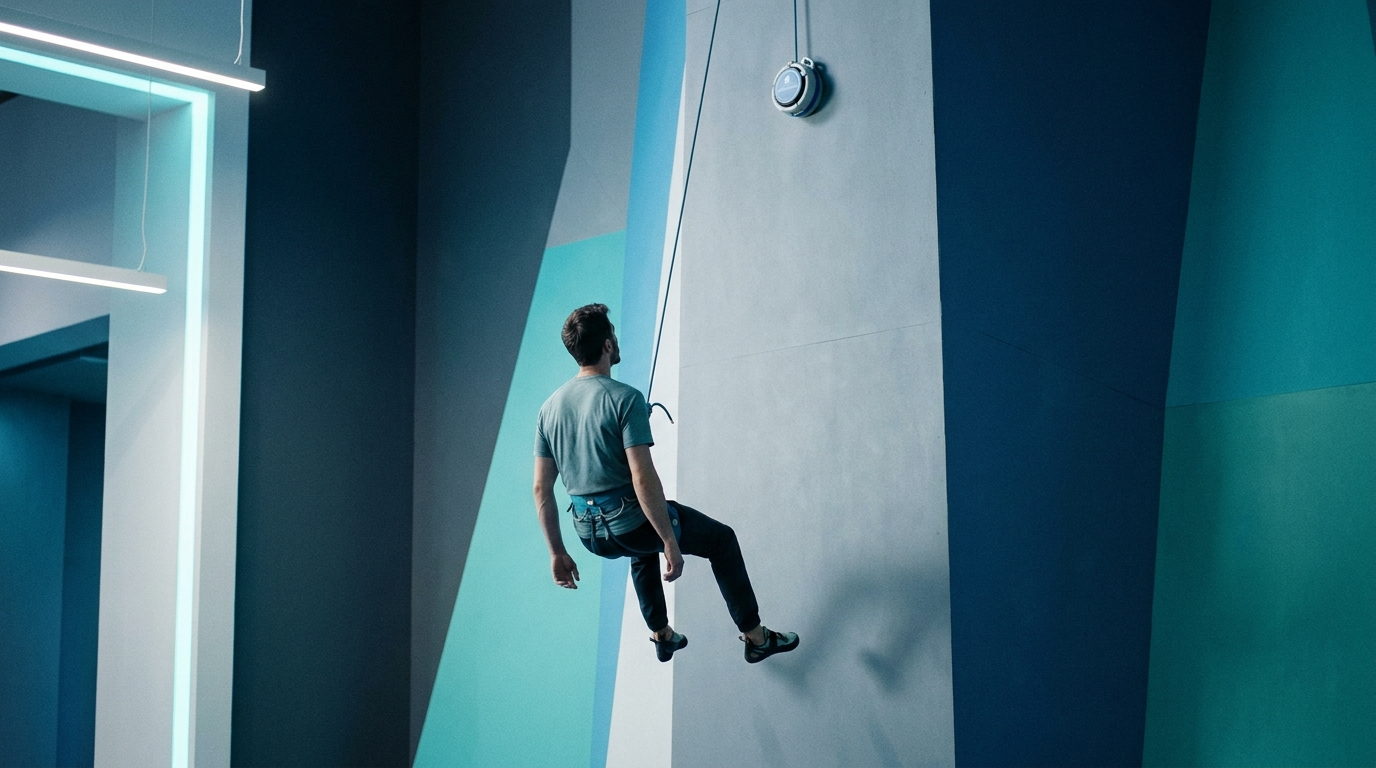 Una persona que acaba de soltarse de una pared de escalada queda suspendida en el aire, sostenida por la cuerda tensa de un dispositivo de aseguramiento automático, en un gimnasio de paredes azules y turquesas