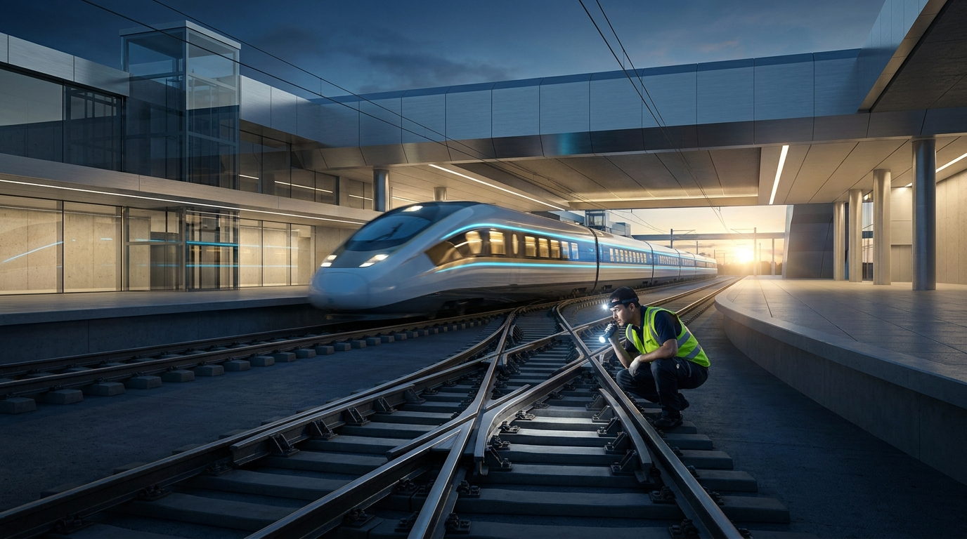 Un técnico ferroviario con chaleco reflectante revisa con una linterna un cambio de vías al amanecer, mientras un tren en servicio pasa por la estación al fondo