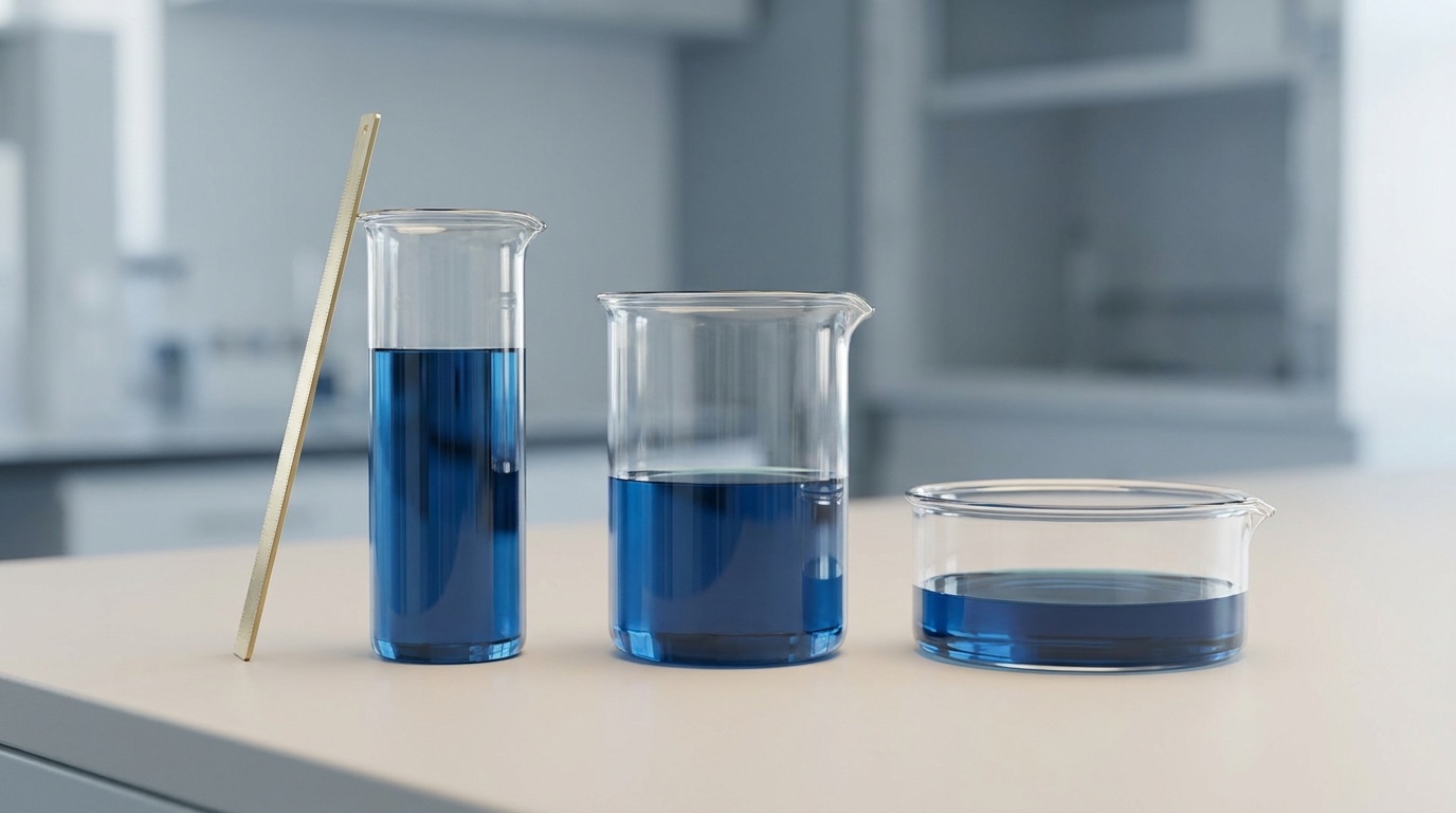 Tres vasos de laboratorio de distinto ancho sobre una mesa clara, con la misma cantidad de líquido azul que llega a tres alturas distintas, y una regla dorada apoyada en el más alto