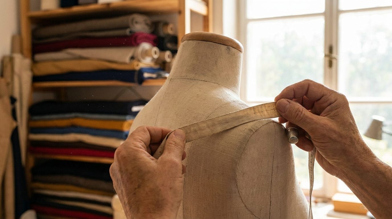 Fotografía de dos manos que pasan una cinta métrica de tela por el hombro de un maniquí de costura, con un estante de rollos de tela de colores desenfocado detrás y la luz cálida de una ventana