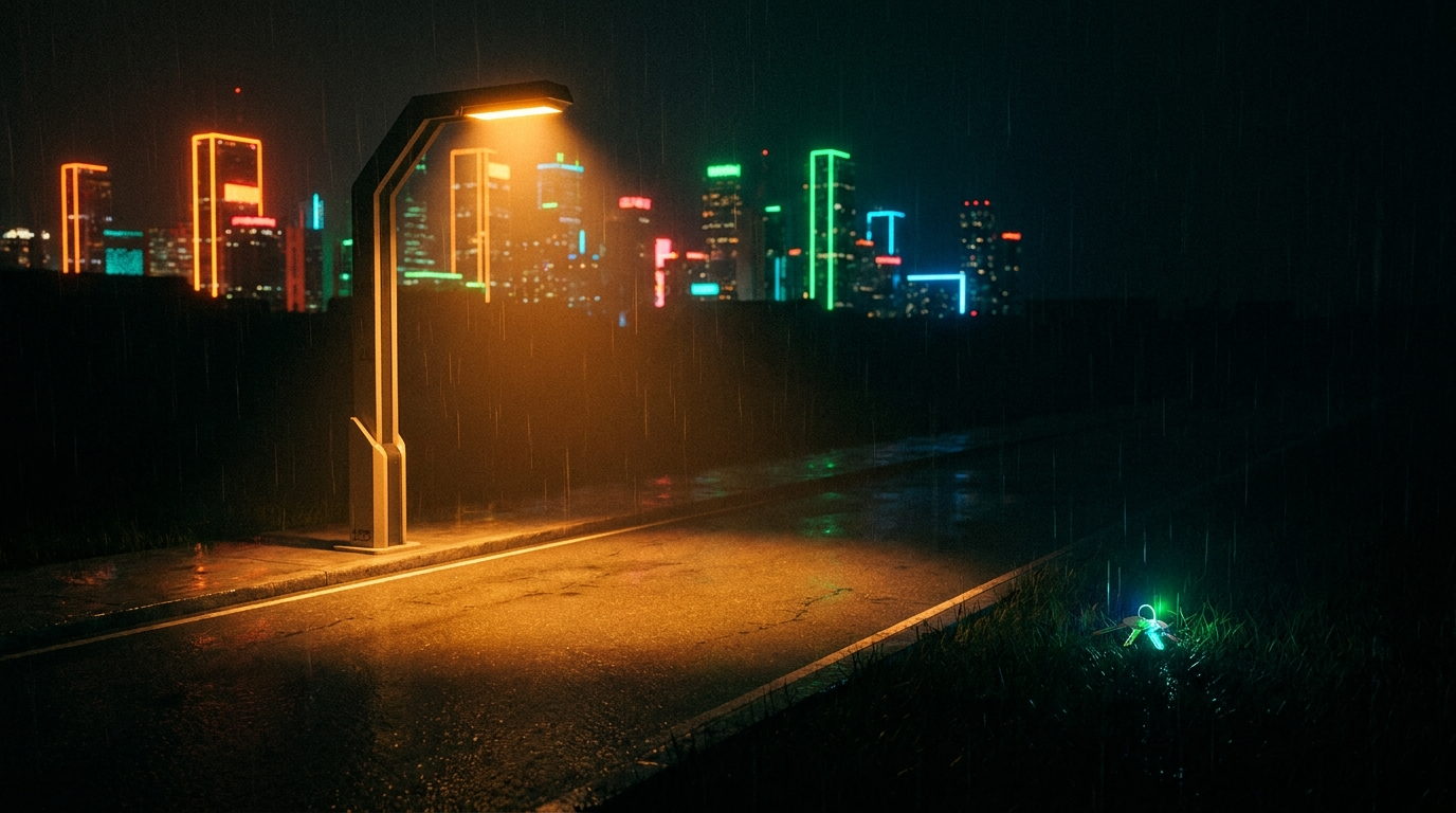 Una calle vacía de noche bajo la lluvia, con una farola que ilumina un círculo de asfalto mojado sin nada, mientras lejos de la luz, en el césped oscuro, brilla un manojo de llaves