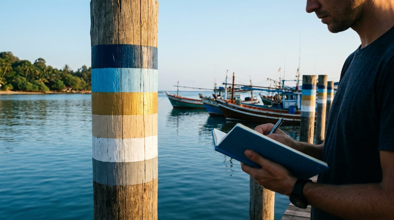 Pilote de madera de un muelle pintado con franjas horizontales de colores, junto a una persona que anota una lectura en una libreta azul frente a botes de pesca y una costa tropical al amanecer, como metáfora de un nivel de concientización que se mide con regularidad