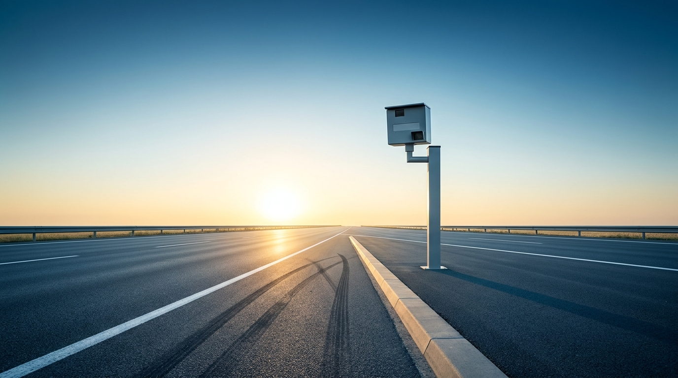 Una carretera recta y vacía al amanecer con un único radar de velocidad montado en un poste al costado, y marcas de frenado sobre el asfalto justo antes de llegar a él