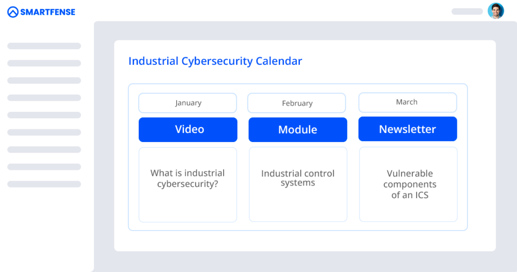 The image represents a calendar of industrial cybersecurity content.